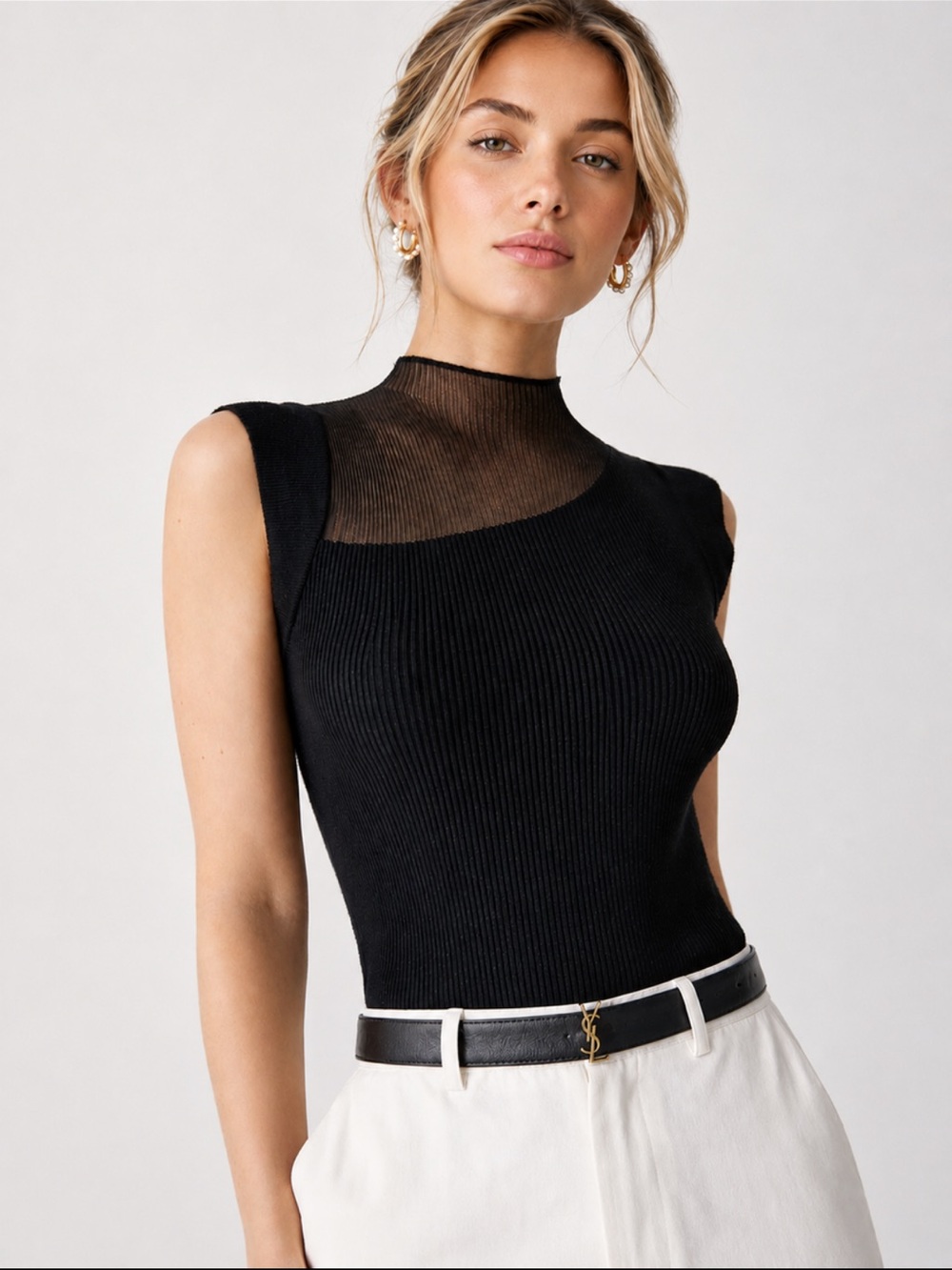 Commense Black Sleeveless Ribbed Top with Sheer Mock Neck